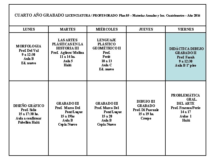 CUARTO AÑO GRABADO LICENCIATURA / PROFESORADO LUNES MORFOLOGIA Prof. Del Val 9 a 12: