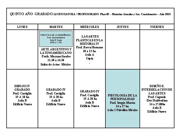 QUINTO AÑO GRABADO LICENCIATURA / PROFESORADO LUNES MARTES MIÉRCOLES PRÁCTICA DE LA ENSEÑANZA Prof.