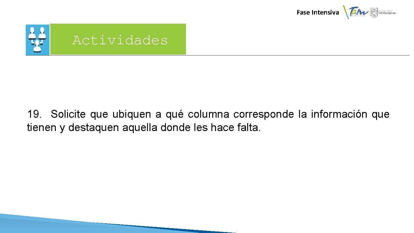  Fase Intensiva Actividades 19. Solicite que ubiquen a qué columna corresponde la información