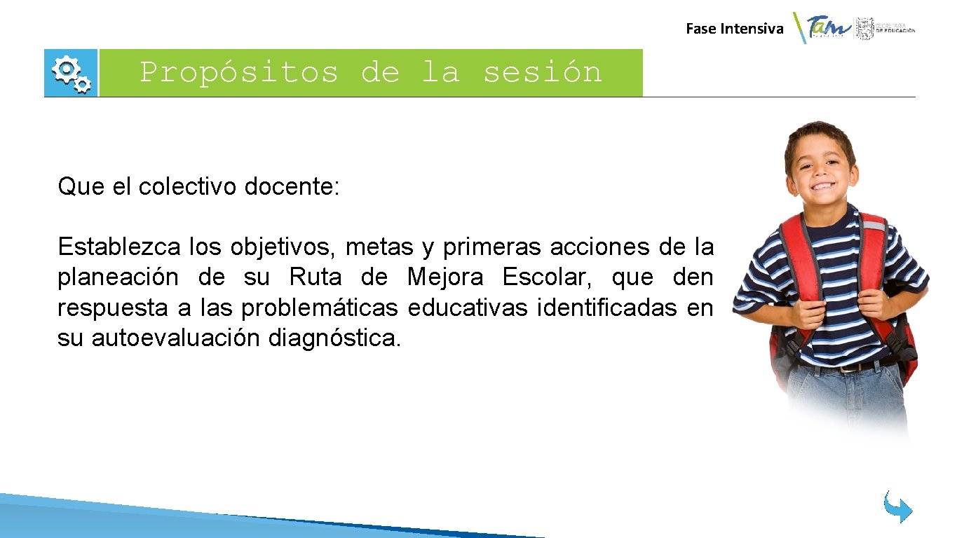  Fase Intensiva Propósitos de la sesión Que el colectivo docente: Establezca los objetivos,