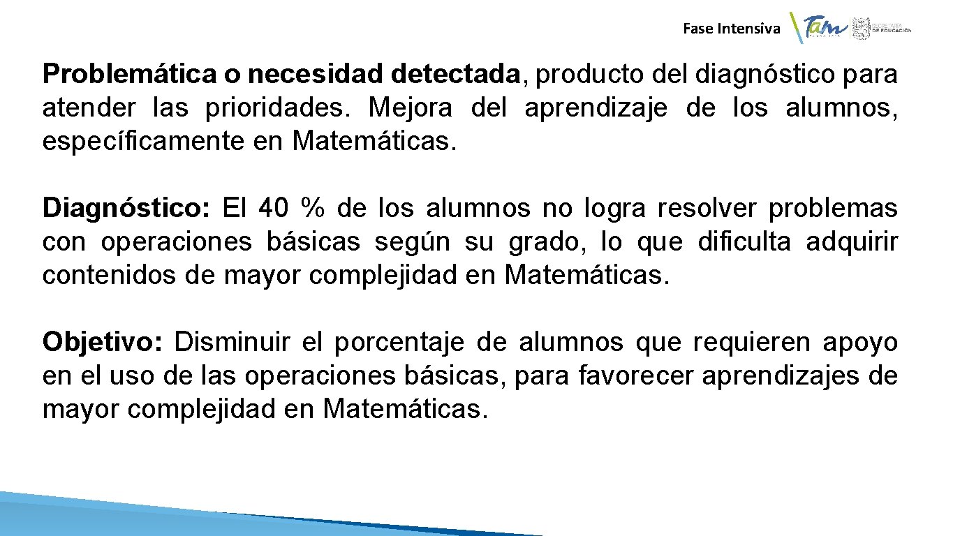 Fase Intensiva Por ejemplo Problemática o necesidad detectada, producto del diagnóstico para atender las