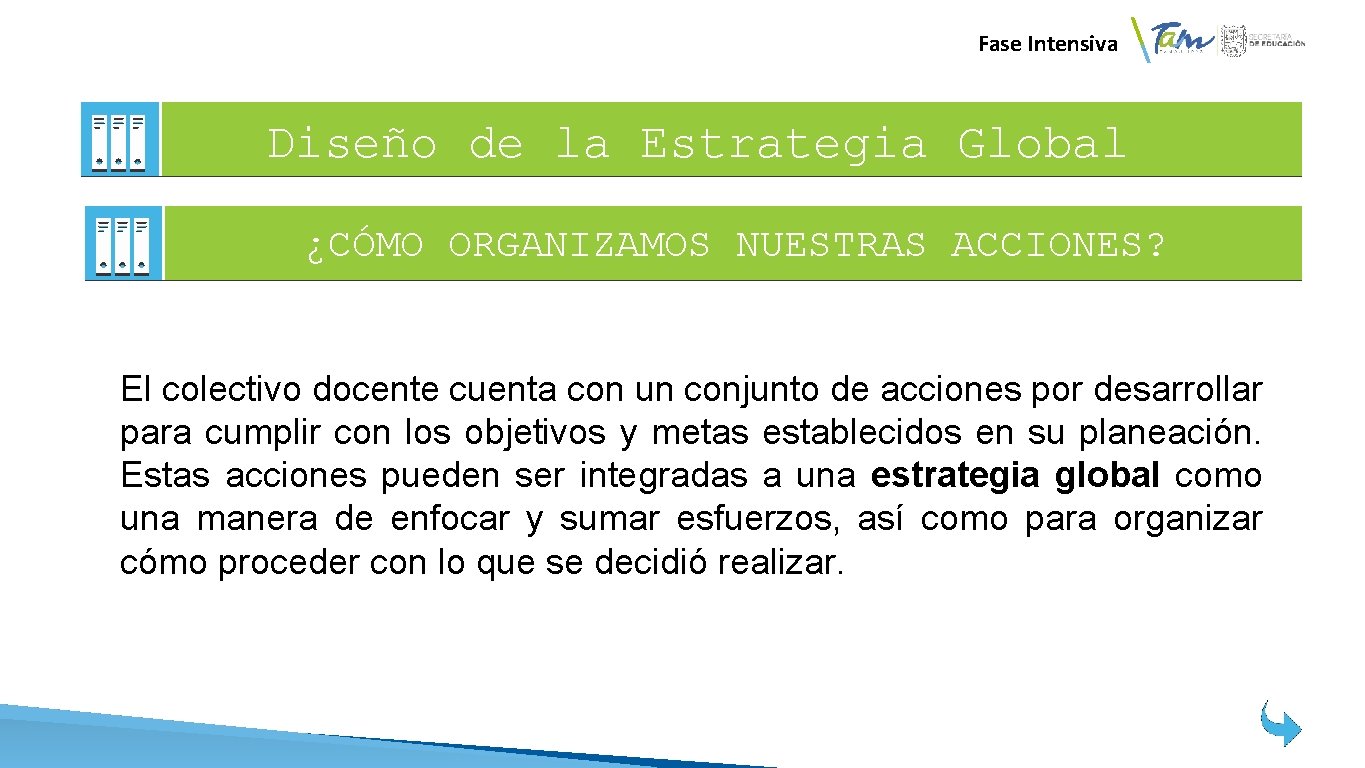 Fase Intensiva Diseño de la Estrategia Global ¿CÓMO ORGANIZAMOS NUESTRAS ACCIONES? El colectivo docente