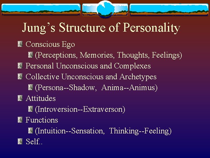 Jung’s Structure of Personality Conscious Ego (Perceptions, Memories, Thoughts, Feelings) Personal Unconscious and Complexes Jung’s Structure of Personality Conscious Ego (Perceptions, Memories, Thoughts, Feelings) Personal Unconscious and Complexes