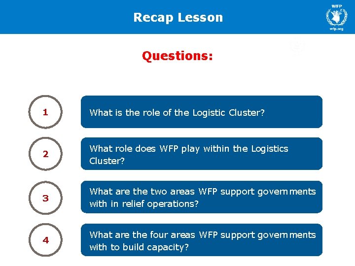 Recap Lesson Questions: 1 What is the role of the Logistic Cluster? 2 What