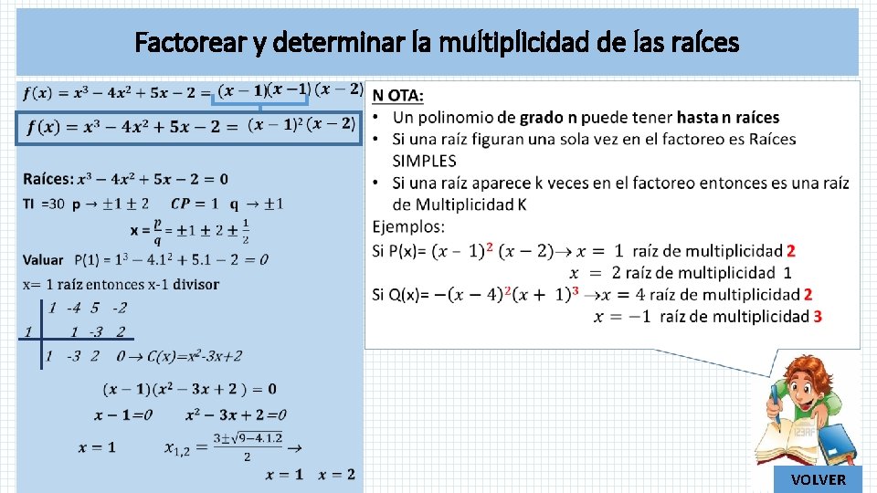 Factorear y determinar la multiplicidad de las raíces VOLVER 