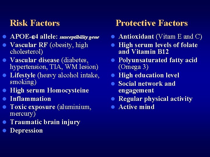 Risk Factors l l l l l APOE- 4 allele: susceptibility gene Vascular RF