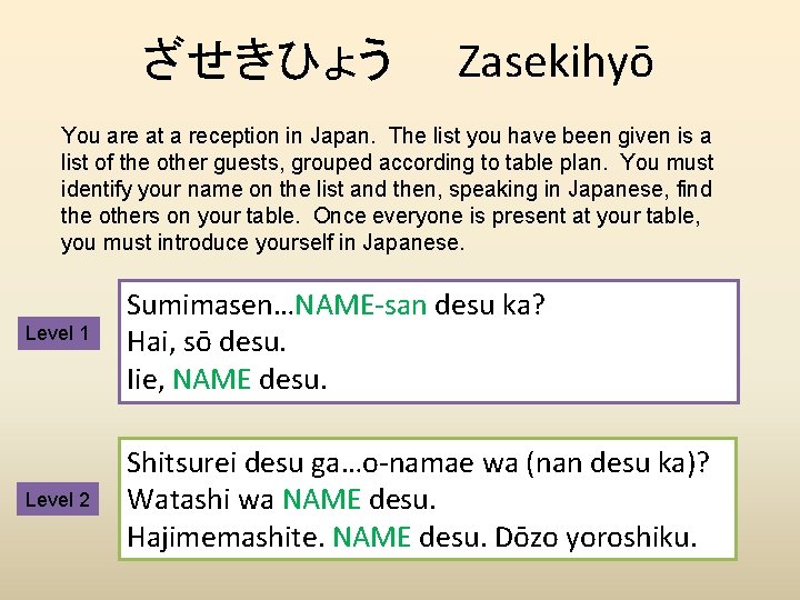 ざせきひょう　　Zasekihyō You are at a reception in Japan. The list you have been given