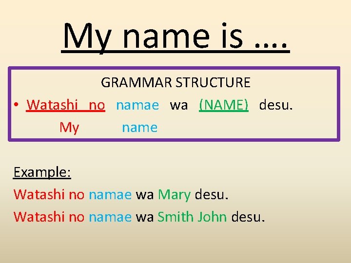 My name is …. GRAMMAR STRUCTURE • Watashi no namae wa (NAME) desu. My
