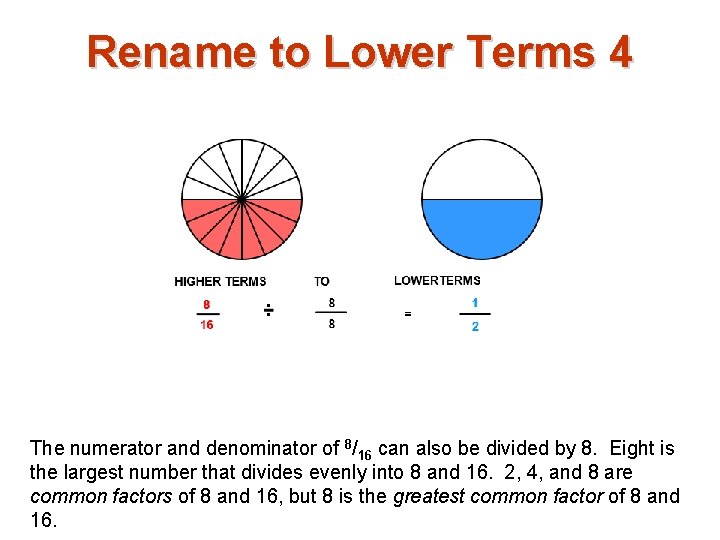 Rename to Lower Terms 4 The numerator and denominator of 8/16 can also be