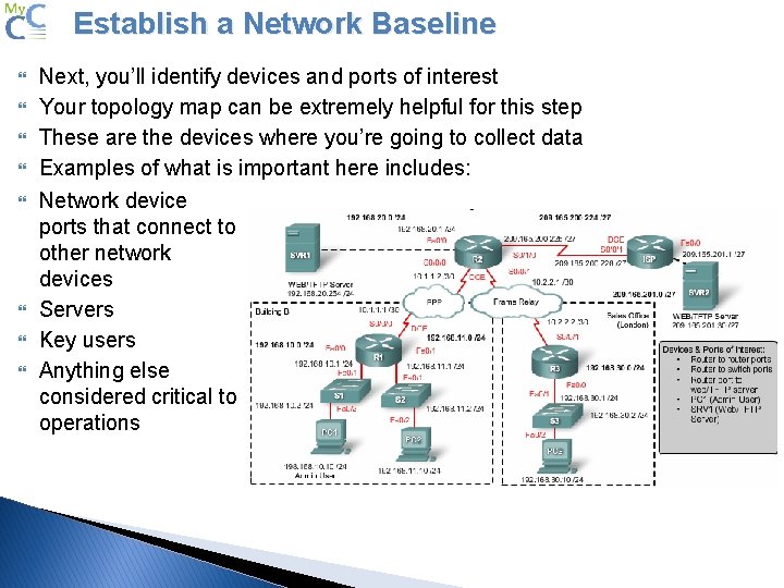 Establish a Network Baseline Next, you’ll identify devices and ports of interest Your topology