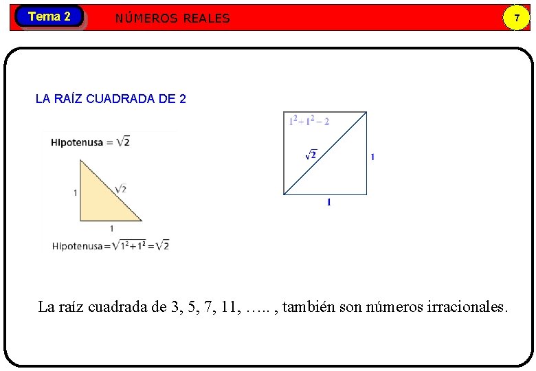 Tema 2 Números NÚMEROS REALES reales LA RAÍZ CUADRADA DE 2 La raíz cuadrada