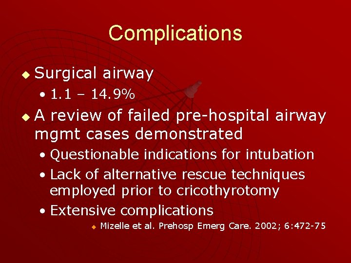 Complications u Surgical airway • 1. 1 – 14. 9% u A review of