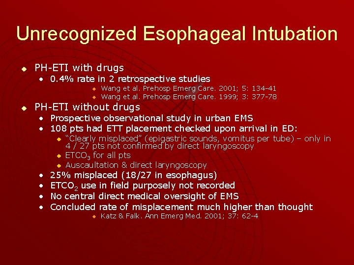 Unrecognized Esophageal Intubation u PH-ETI with drugs • 0. 4% rate in 2 retrospective