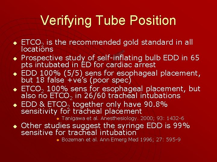 Verifying Tube Position u u u ETCO 2 is the recommended gold standard in
