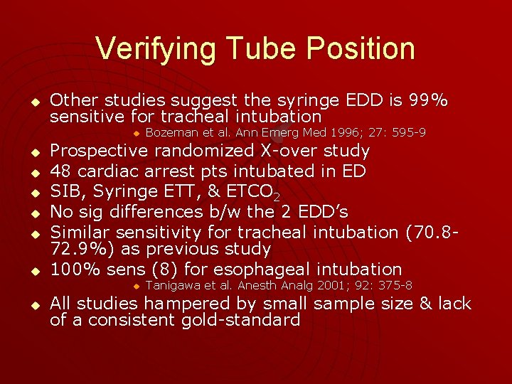 Verifying Tube Position u Other studies suggest the syringe EDD is 99% sensitive for