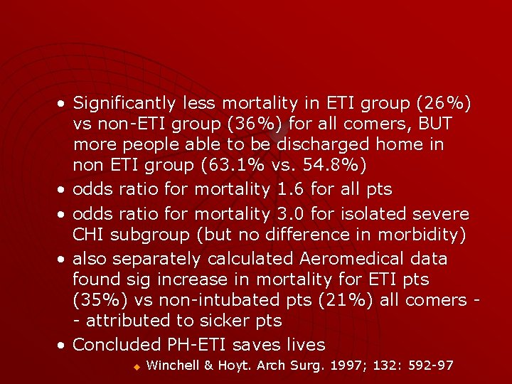  • Significantly less mortality in ETI group (26%) vs non-ETI group (36%) for