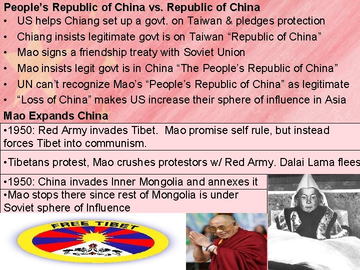 People’s Republic of China vs. Republic of China • US helps Chiang set up People’s Republic of China vs. Republic of China • US helps Chiang set up