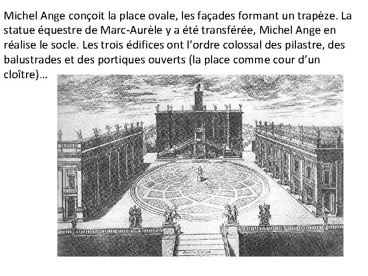 Michel Ange conçoit la place ovale, les façades formant un trapèze. La statue équestre