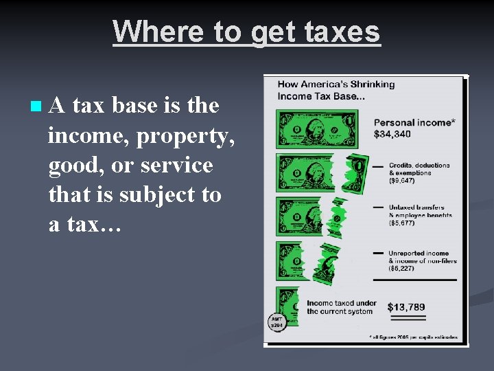 Where to get taxes n A tax base is the income, property, good, or