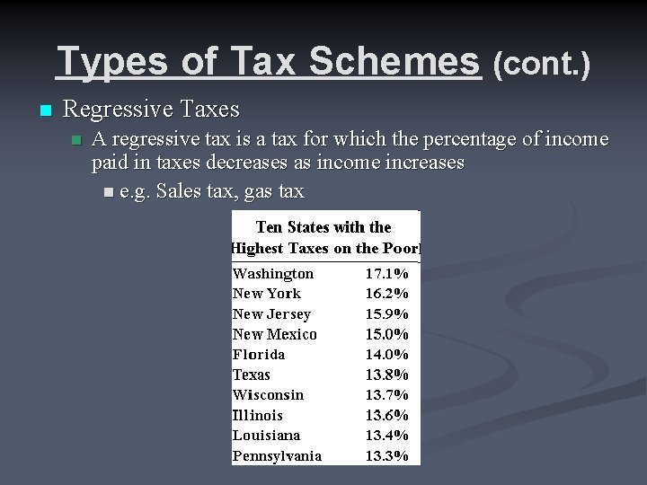 Types of Tax Schemes (cont. ) n Regressive Taxes n A regressive tax is