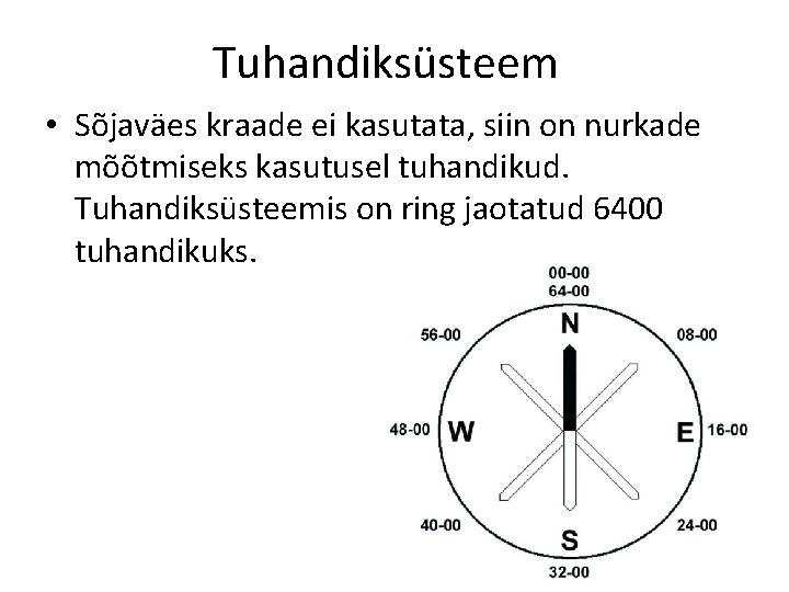 Tuhandiksüsteem • Sõjaväes kraade ei kasutata, siin on nurkade mõõtmiseks kasutusel tuhandikud. Tuhandiksüsteemis on