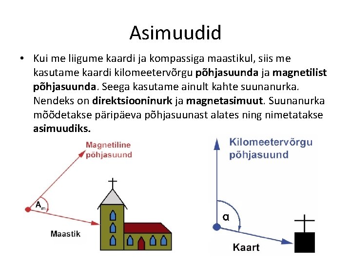 Asimuudid • Kui me liigume kaardi ja kompassiga maastikul, siis me kasutame kaardi kilomeetervõrgu