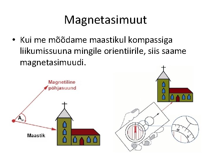 Magnetasimuut • Kui me mõõdame maastikul kompassiga liikumissuuna mingile orientiirile, siis saame magnetasimuudi. 12