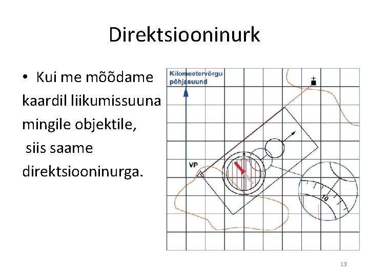 Direktsiooninurk • Kui me mõõdame kaardil liikumissuuna mingile objektile, siis saame direktsiooninurga. 13 