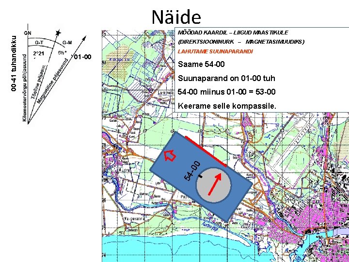 Näide (DIREKTSIOONINURK – MAGNETASIMUUDIKS) 2° 21 ´ 5½° 01 -00 LAHUTAME SUUNAPARANDI Saame 54