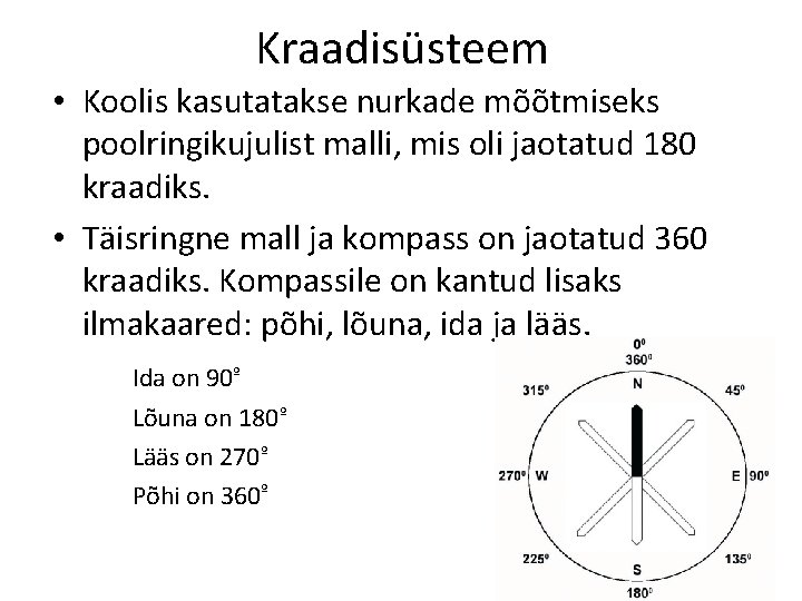 Kraadisüsteem • Koolis kasutatakse nurkade mõõtmiseks poolringikujulist malli, mis oli jaotatud 180 kraadiks. •