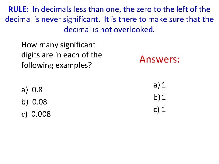 RULE: In decimals less than one, the zero to the left of the decimal