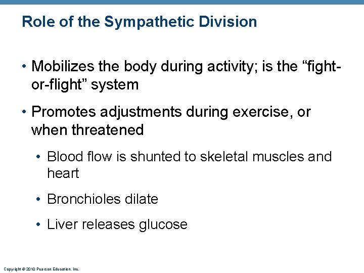 Role of the Sympathetic Division • Mobilizes the body during activity; is the “fightor-flight”