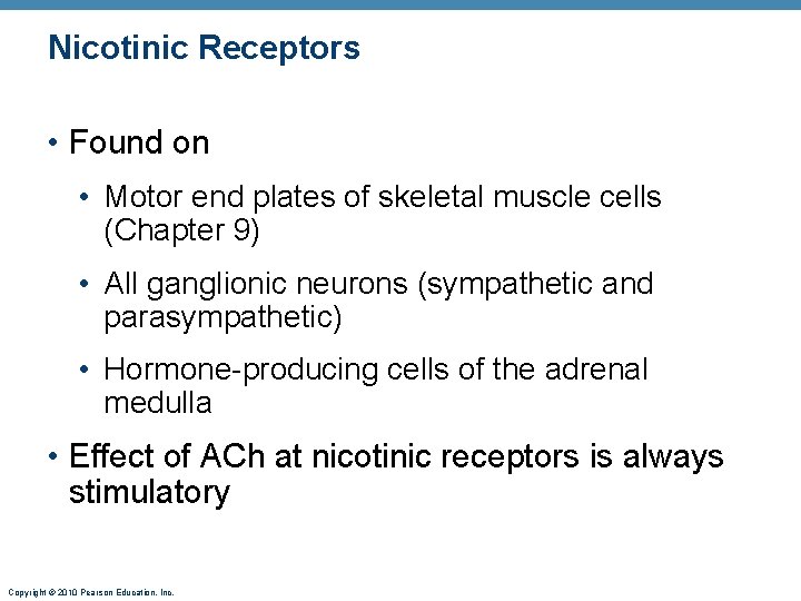 Nicotinic Receptors • Found on • Motor end plates of skeletal muscle cells (Chapter