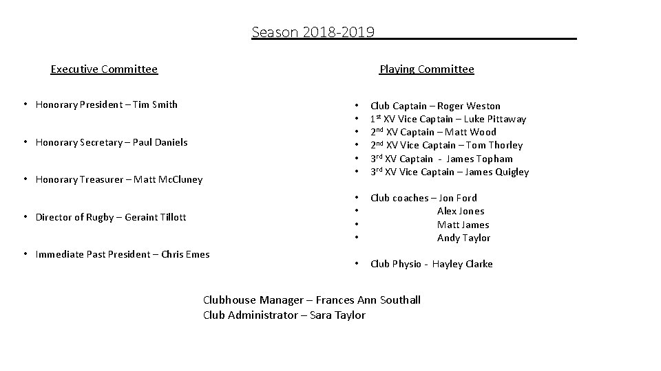 Season 2018 -2019 Executive Committee Playing Committee • Honorary President – Tim Smith •