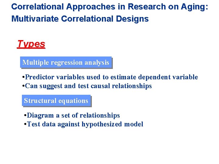 Correlational Approaches in Research on Aging: Multivariate Correlational Designs Types Multiple regression analysis •