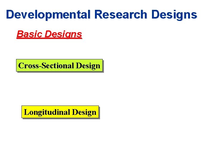 Developmental Research Designs Basic Designs Cross-Sectional Design Longitudinal Design 