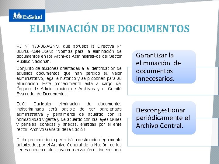 ELIMINACIÓN DE DOCUMENTOS RJ Nº 173 -86 -AGN/J, que aprueba la Directiva N° 006/86