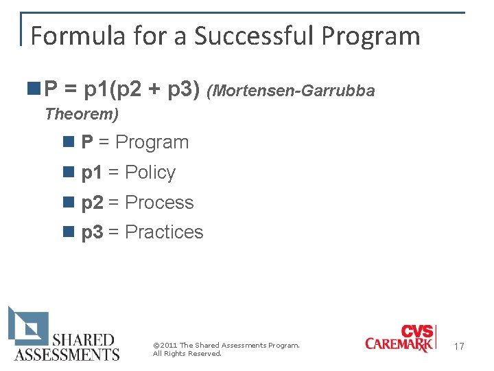 Formula for a Successful Program n P = p 1(p 2 + p 3) Formula for a Successful Program n P = p 1(p 2 + p 3)