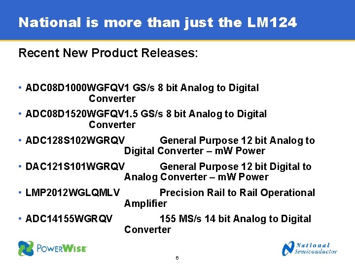 National is more than just the LM 124 Recent New Product Releases: • ADC