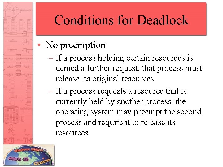 Conditions for Deadlock • No preemption – If a process holding certain resources is