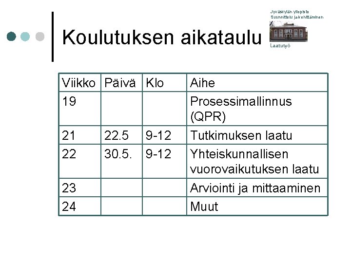 Jyväskylän yliopisto Suunnittelu ja kehittäminen Koulutuksen aikataulu Viikko Päivä Klo 19 21 22 23