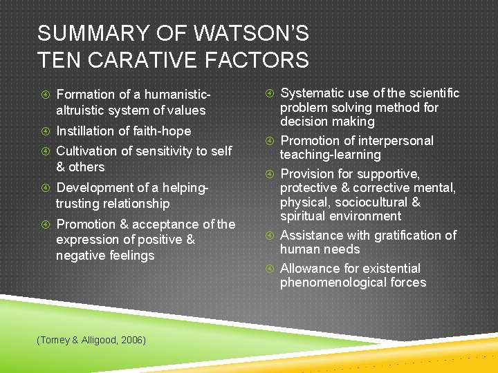 SUMMARY OF WATSON’S TEN CARATIVE FACTORS Formation of a humanistic- Systematic use of the