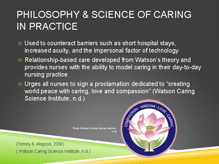 PHILOSOPHY & SCIENCE OF CARING IN PRACTICE Used to counteract barriers such as short