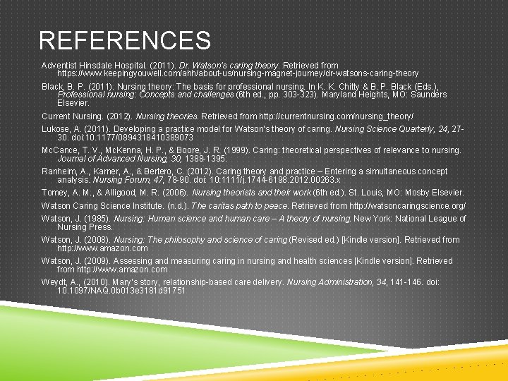 REFERENCES Adventist Hinsdale Hospital. (2011). Dr. Watson’s caring theory. Retrieved from https: //www. keepingyouwell.