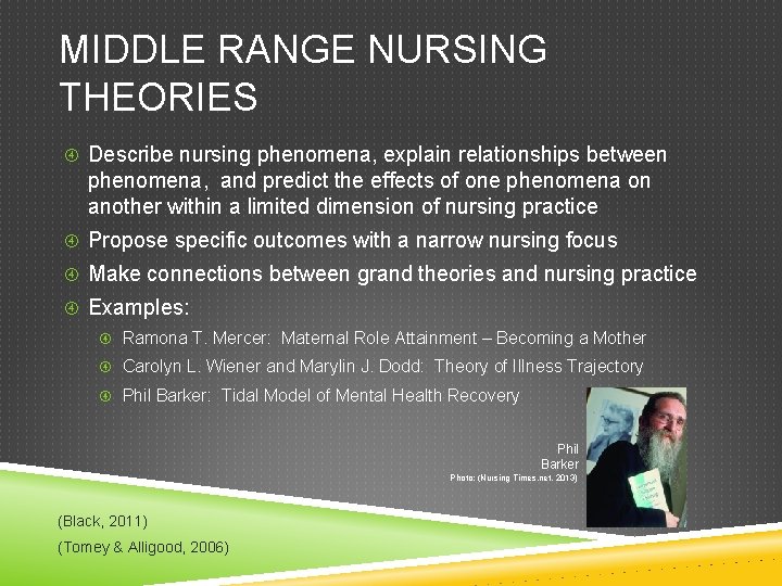 MIDDLE RANGE NURSING THEORIES Describe nursing phenomena, explain relationships between phenomena, and predict the