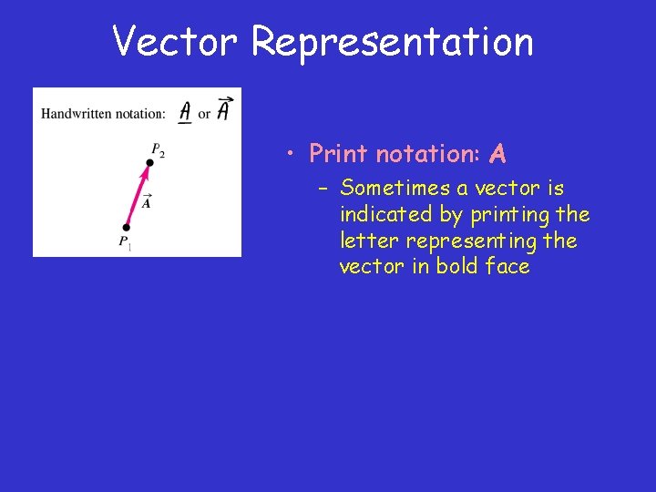 Vector Representation • Print notation: A – Sometimes a vector is indicated by printing