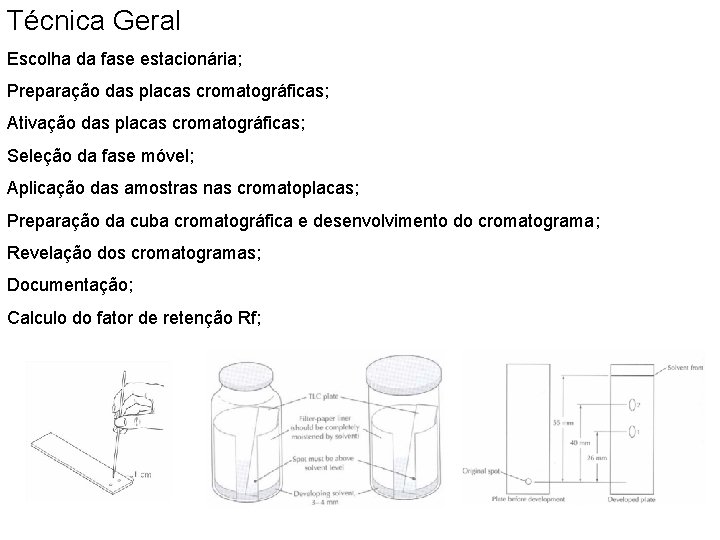 Técnica Geral Escolha da fase estacionária; Preparação das placas cromatográficas; Ativação das placas cromatográficas;