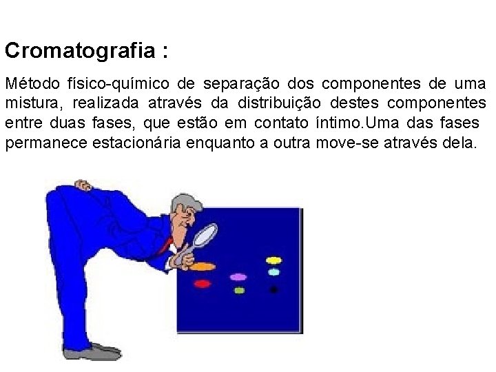 Cromatografia : Método físico-químico de separação dos componentes de uma mistura, realizada através da