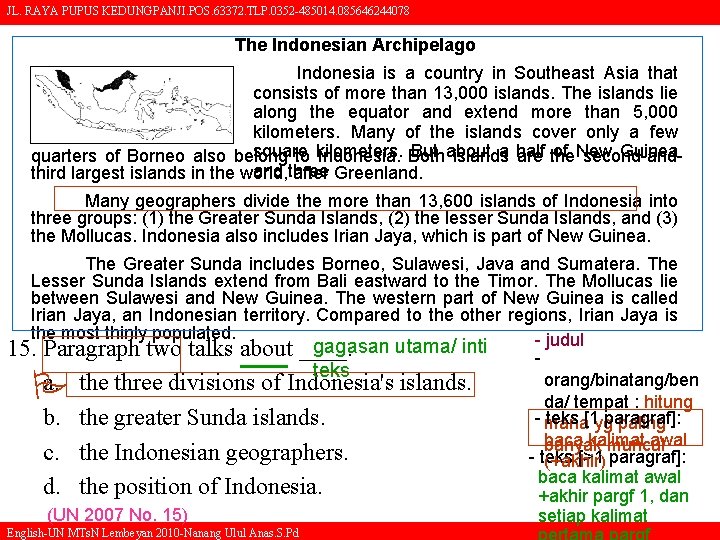 JL. RAYA PUPUS KEDUNGPANJI. POS. 63372. TLP. 0352 -485014. 085646244078 The Indonesian Archipelago Indonesia