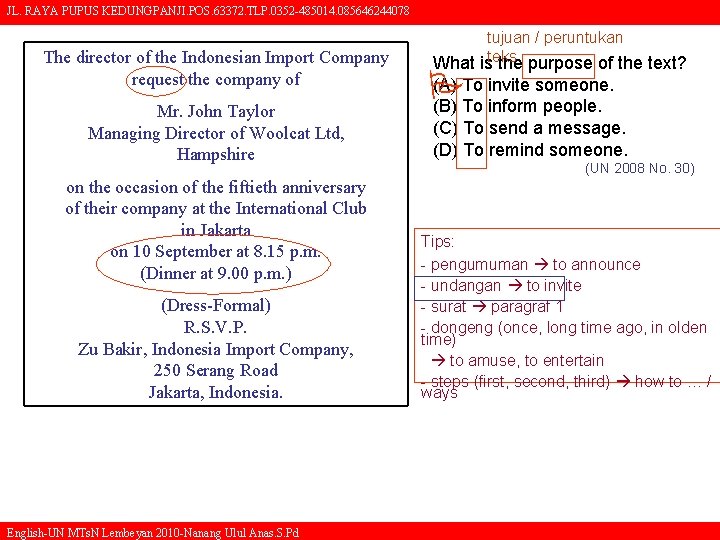 JL. RAYA PUPUS KEDUNGPANJI. POS. 63372. TLP. 0352 -485014. 085646244078 The director of the